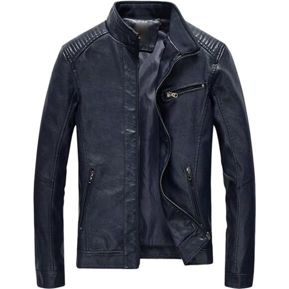 Other - Dark Blue Faux Leather Military Jacket‎ Slim Fit Moto Biker Bomber Jacket Coat